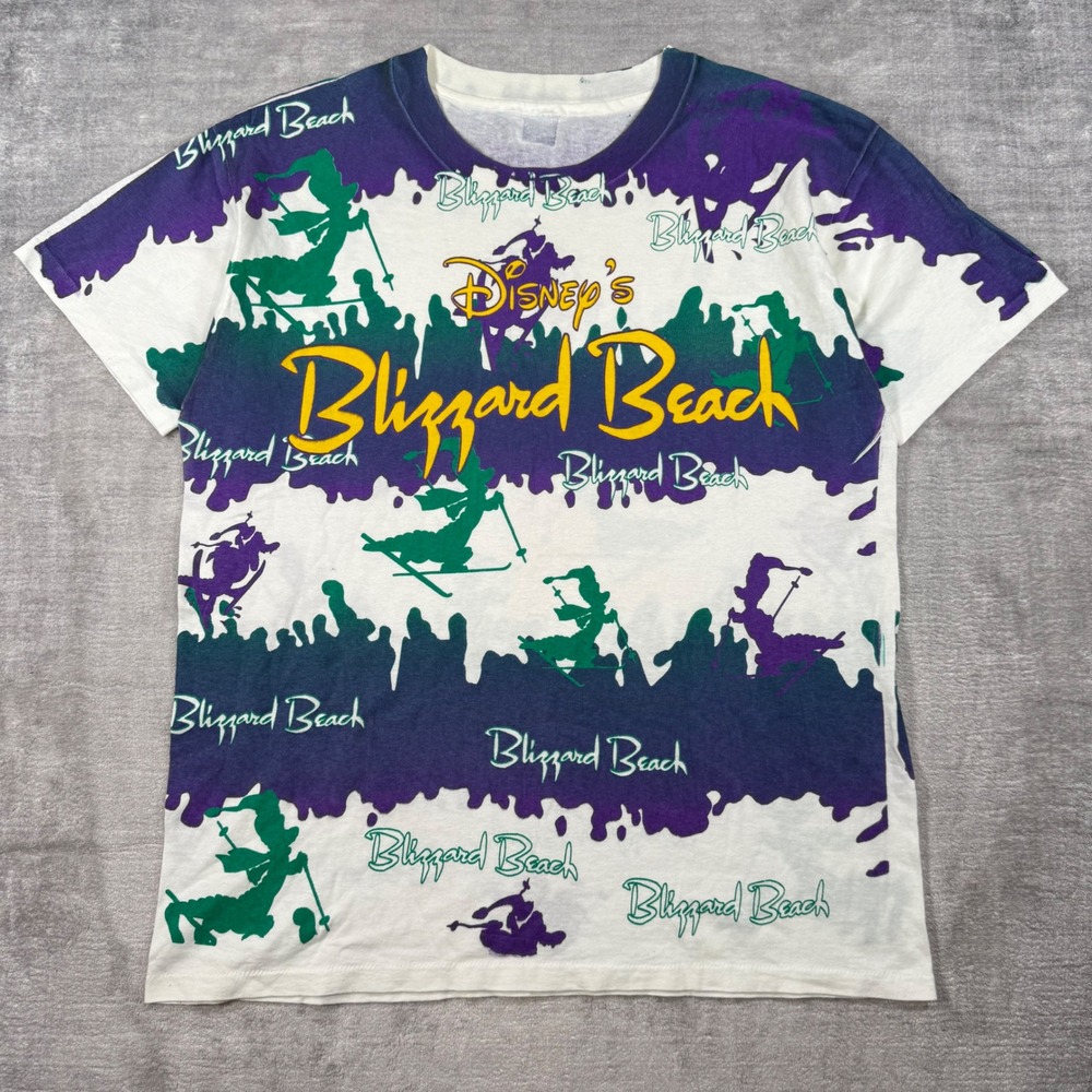 Disney Blizzard Beach Shirt Mens Large White Purple Vintage 90s All Over Print